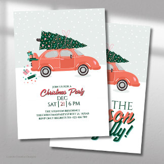 Red Car Festive With Tree on Top Christmas Party Invitation