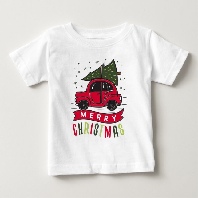Red Car Merry Christmas Tree Colourful Funny T-Shi Baby T-Shirt (Front)