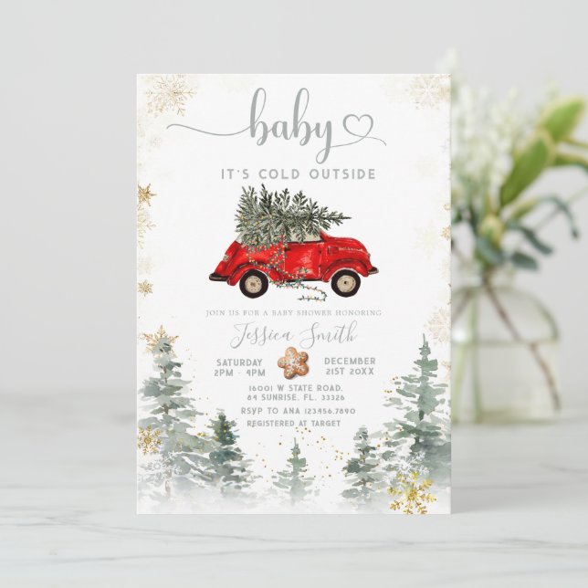 Red Car Pine Tree Winter Baby Shower Invitation (Standing Front)
