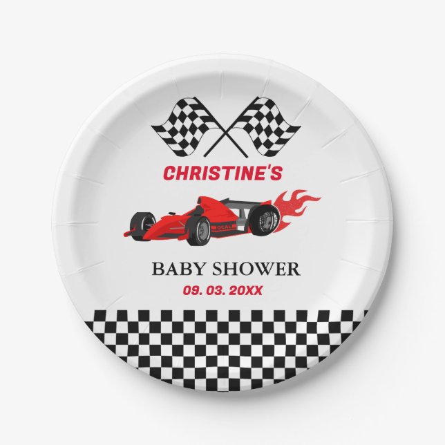 Red Car Race  Baby shower Paper Plate (Front)