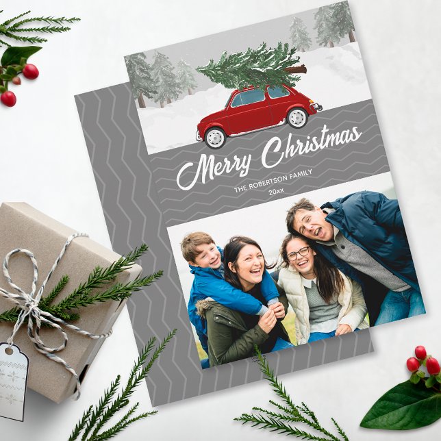 Red Car Truck Christmas Tree Grey Zig Zag Chevron  Foil Holiday Card (Creator Uploaded)