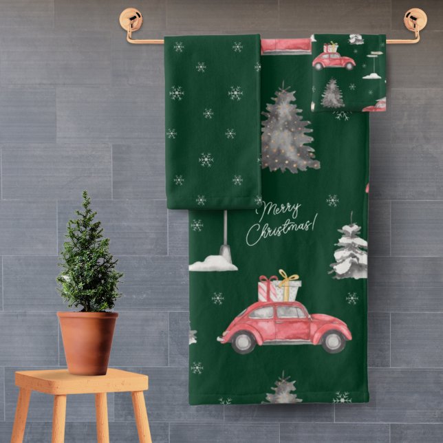 Red Car Winter Pattern Merry Christmas Green Bath Towel Set (Creator Uploaded)