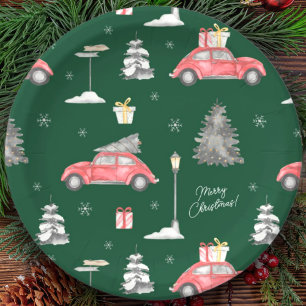 Red Car Winter Pattern Merry Christmas Green Paper Plate