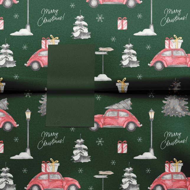 Red Car Winter Pattern Merry Christmas Green Tissue Paper (Creator Uploaded)