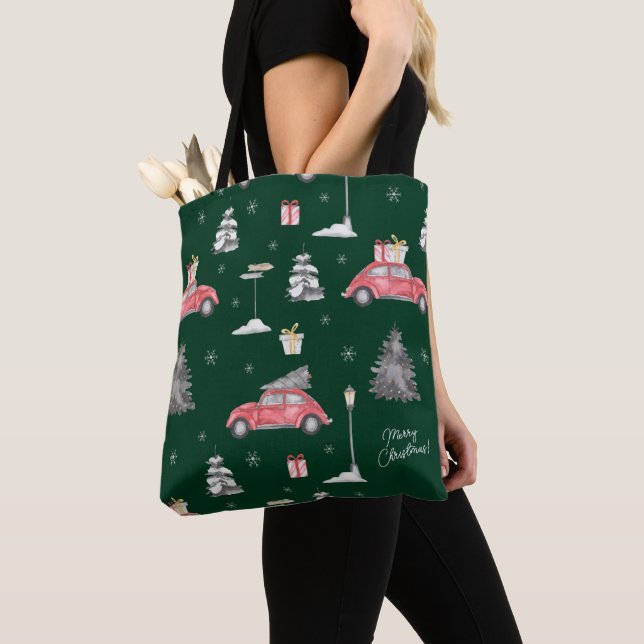 Red Car Winter Pattern Merry Christmas Green Tote Bag (Close Up)