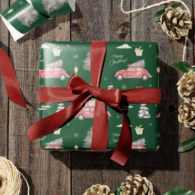 Red Car Winter Pattern Merry Christmas Green Wrapping Paper (Creator Uploaded)
