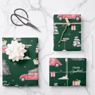 Red Car Winter Pattern Merry Christmas Green Wrapping Paper Sheet