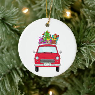 Red Car with Christmas Gifts Ceramic Ornament