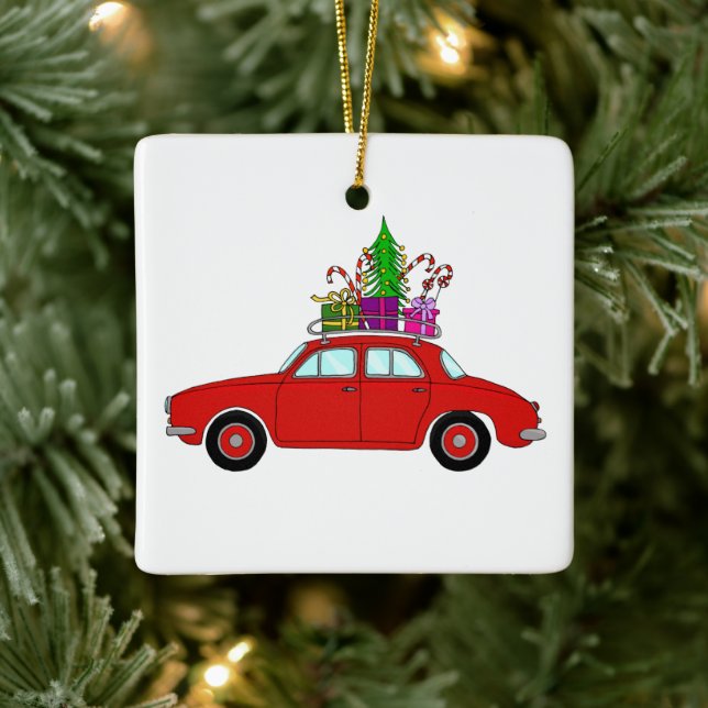 Red Car with Christmas Gifts Ceramic Ornament (Tree)