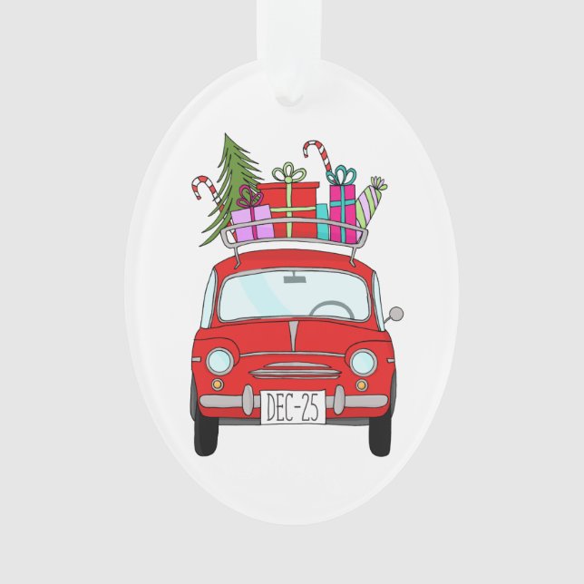 Red Car with Christmas Gifts Ornament (Front)