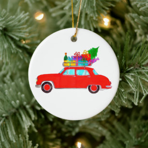 Red Car with Christmas Gifts Watercolor Ceramic Ornament
