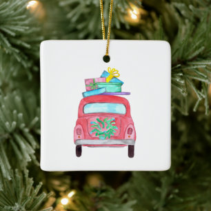Red Car with Christmas Gifts Watercolor Ceramic Ornament