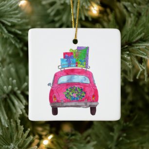 Red Car with Christmas Gifts Watercolor Ceramic Ornament
