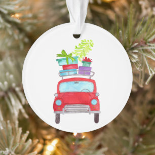 Red Car with Christmas Gifts Watercolor Ornament