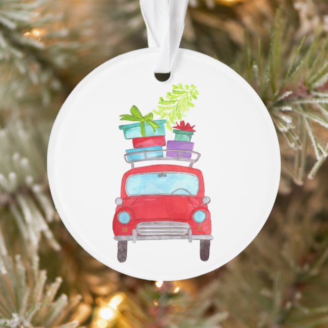 Red Car with Christmas Gifts Watercolor Ornament (Tree)