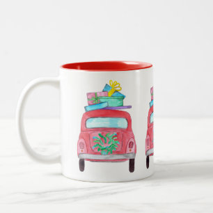 Red Car with Christmas Gifts Watercolor Two-Tone Coffee Mug
