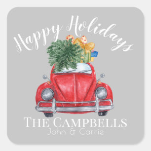 Red Car with Christmas Tree Customisable Square Sticker