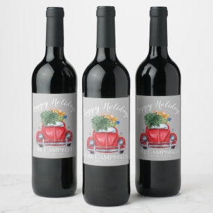 Red Car with Christmas Tree Customisable Wine Label