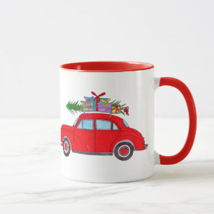 Red Car with Christmas tree Watercolor Coffee Mug