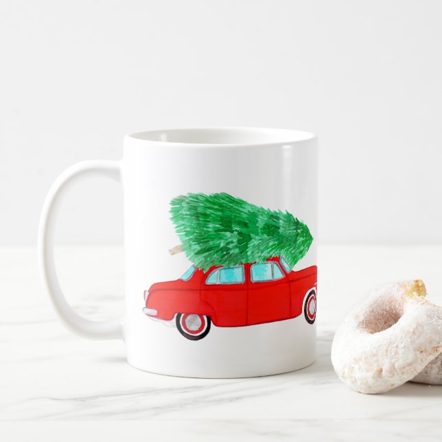 Red Car with Christmas tree Watercolor Coffee Mug (With Donut)