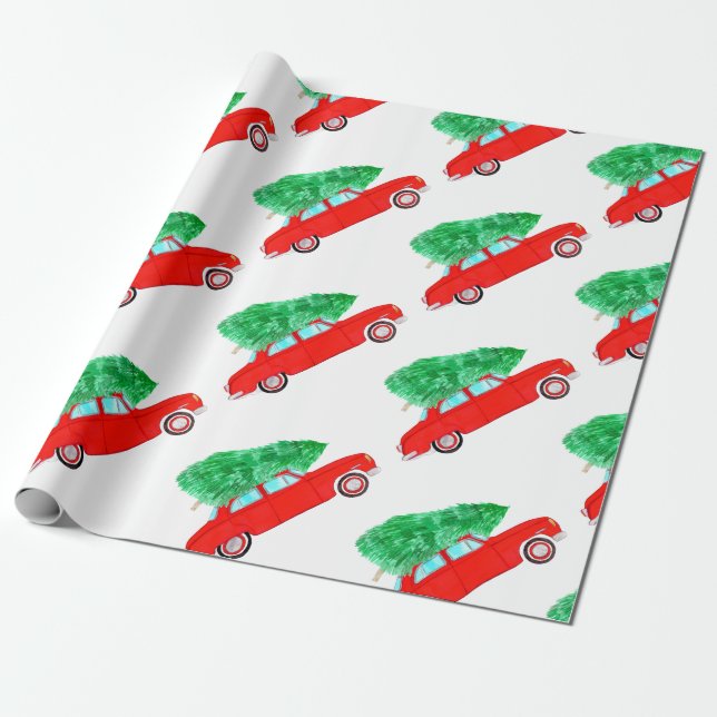 Red Car with Christmas tree Watercolor Wrapping Paper (Unrolled)