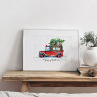 Red Car with Christmas Trees in Snow