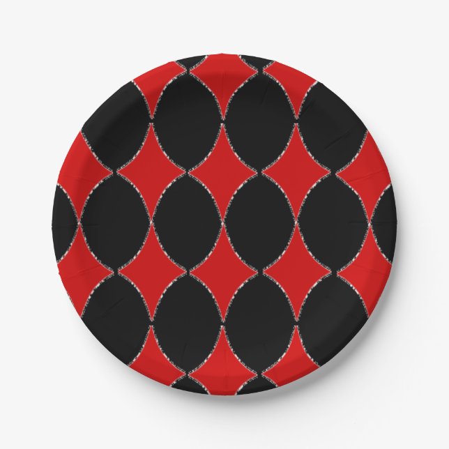 Red card diamonds on black paper plate (Front)