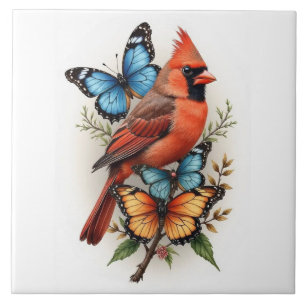 red cardinal and butterflies ceramic tile