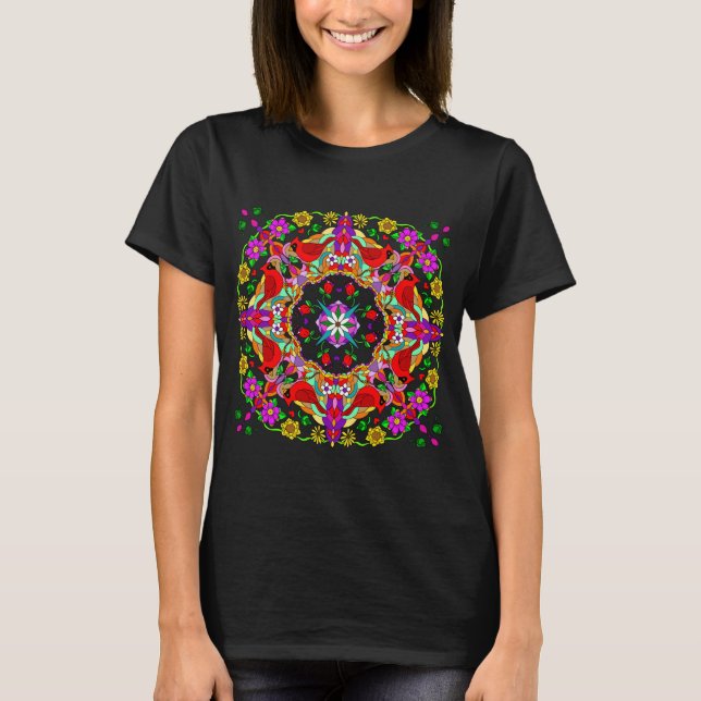 Red cardinal and Colourful Flowers Mandala  T-Shirt (Front)