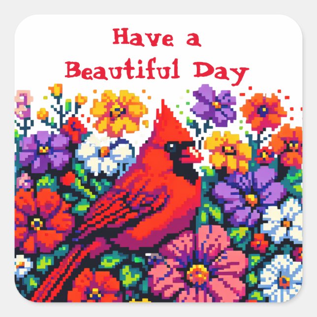 Red Cardinal and Flowers | Beautiful Day Square Sticker (Front)