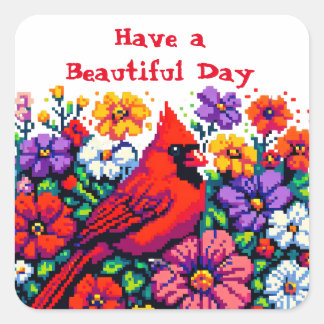 Red Cardinal and Flowers | Beautiful Day Square Sticker