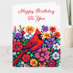 Red Cardinal and Flowers Personalised Birthday Card