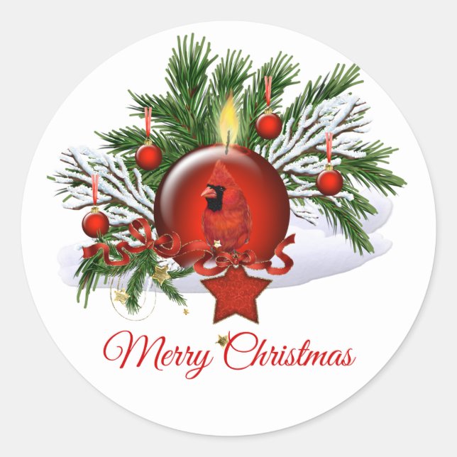 Red Cardinal and Ornament Christmas Sticker (Front)
