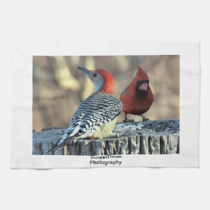 Red Cardinal and Red-Bellied Woodpecker Tea Towel