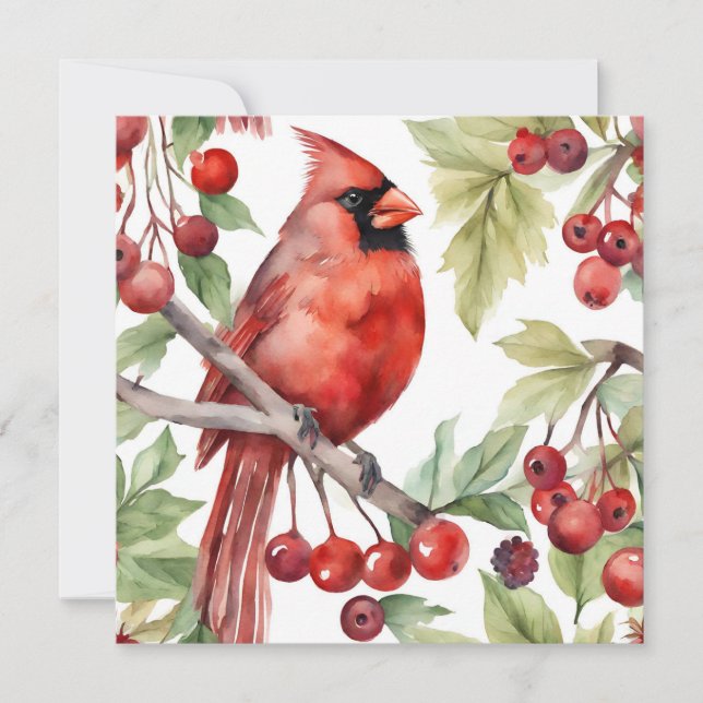 Red Cardinal and Red Berry Branch Christmas  Holiday Card (Front)