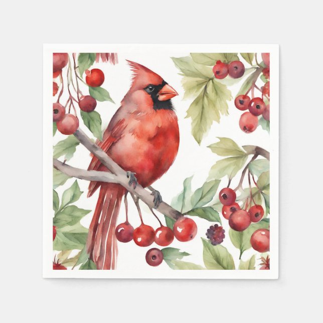Red Cardinal and Red Berry Branch Christmas  Napkin (Front)