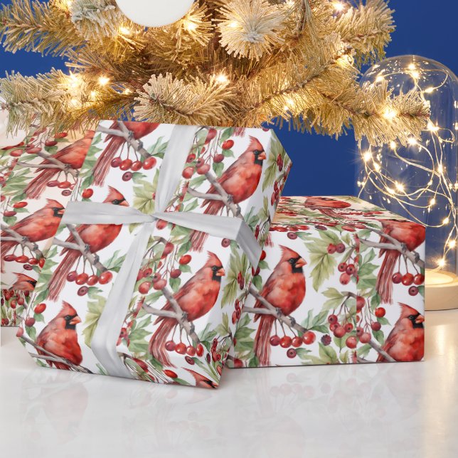 Red Cardinal and Red Berry Branch Christmas  Wrapping Paper (Holidays)