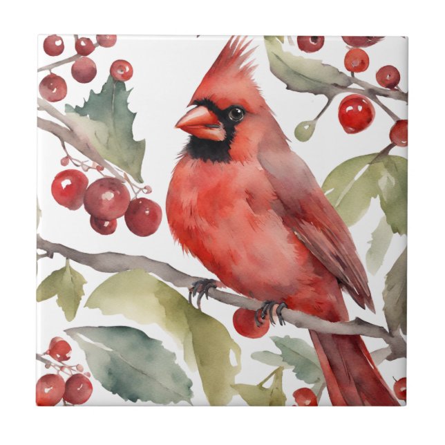 Red Cardinal and Wild Berries Christmas  Ceramic Tile (Front)