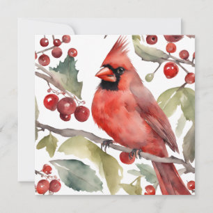 Red Cardinal and Wild Berries Christmas Holiday Card