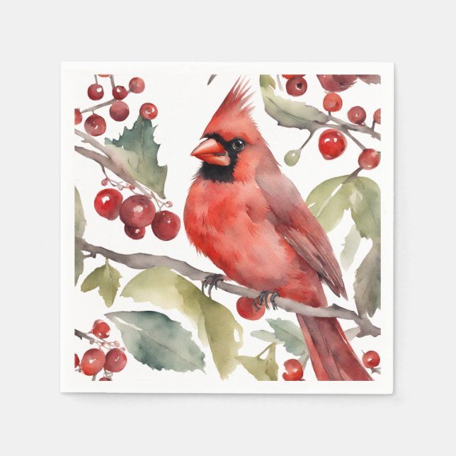 Red Cardinal and Wild Berries Christmas  Napkin (Front)