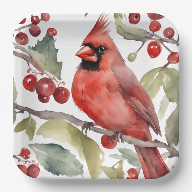 Red Cardinal and Wild Berries Christmas  Paper Plate (Front)