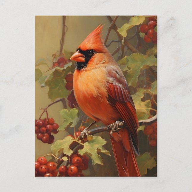 Red Cardinal and Wild Forest Berries  Postcard (Front)