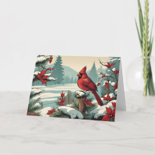 Red Cardinal Bird and Red Wild Berries Holiday Card