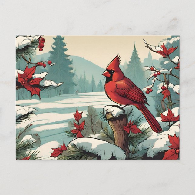 Red Cardinal Bird and Red Wild Berries  Holiday Postcard (Front)