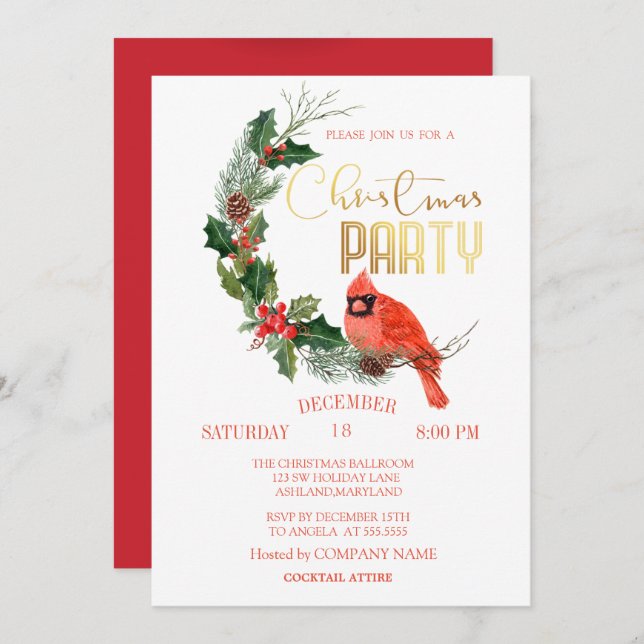 Red Cardinal Bird Christmas Company Party Invitation (Front/Back)
