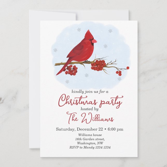 Red Cardinal Bird Christmas Party Invitation (Front)