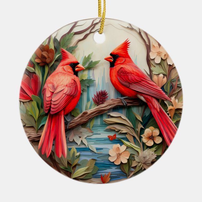 Red Cardinal Bird Christmas Personalised  Ceramic Ornament (Front)
