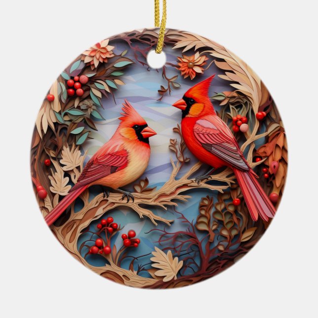 Red Cardinal Bird Christmas Personalised  Ceramic Ornament (Front)