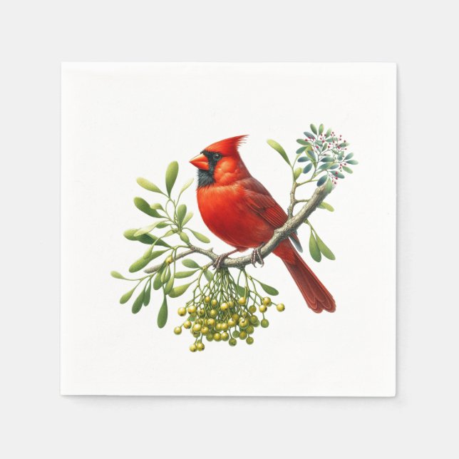Red Cardinal Bird Holiday Mistletoe Napkin (Front)