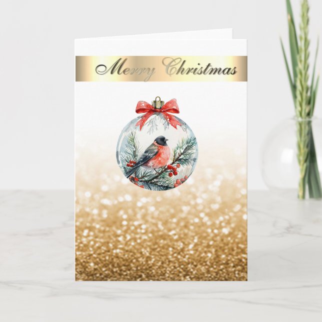 Red Cardinal Bird Holly Berry Ball Holiday Card (Front)